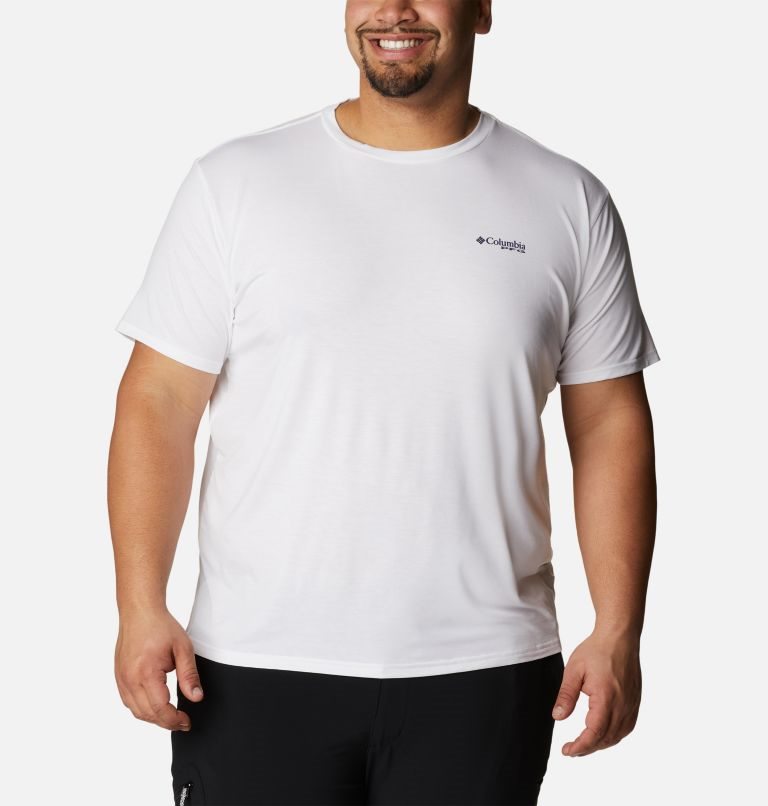 Men's Columbia PFG Fish Flag Tech Short Sleeve T Shirts White | Plus Size CA-SL38A